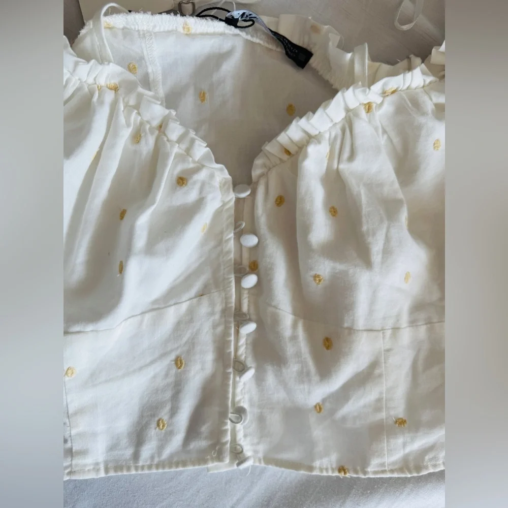 ZARA NWT White Off Shoulder Puff Sleeve Crop Top Blouse XS Ecru Polka Dot